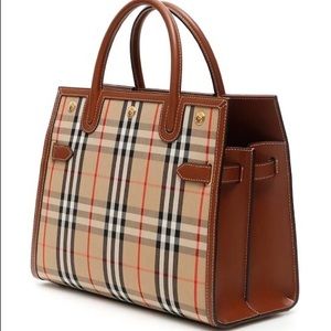 Burberry Small Title Check Double Handle Leather Bag